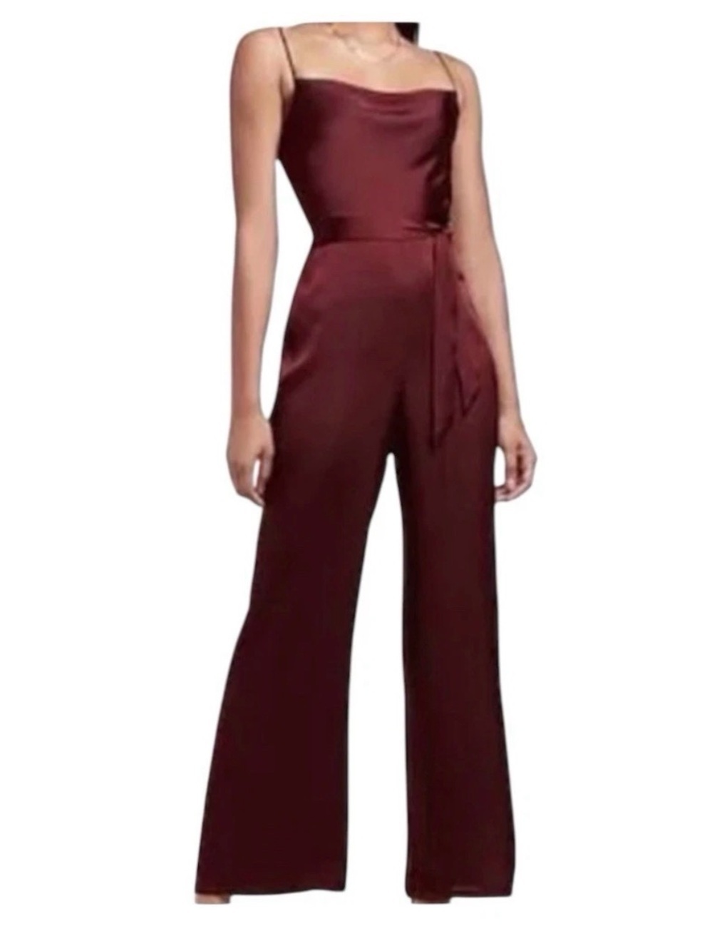 NEW Express Burgundy Cowl Neck Satin Jumpsuit Retro 70’s Wide Leg Evening Sz XS